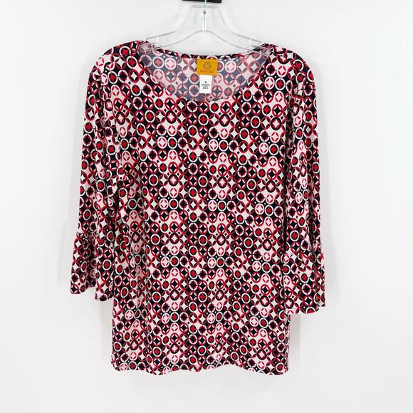 Ruby Rd. Red & Black Retro Geometric Bell Sleeve Blouse Women's Size Small - Picture 1 of 7